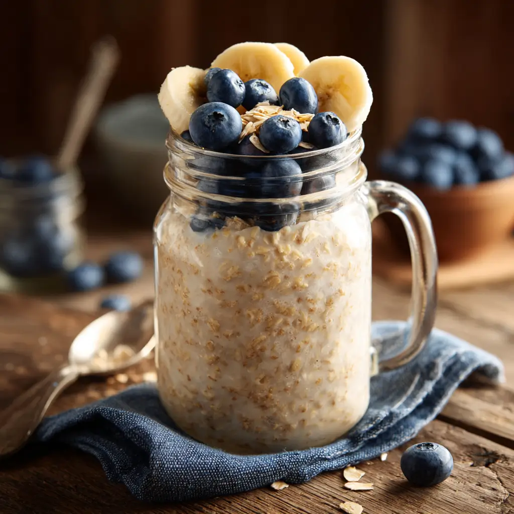 Soy free overnight oats with bananas and blueberries in a mason jar