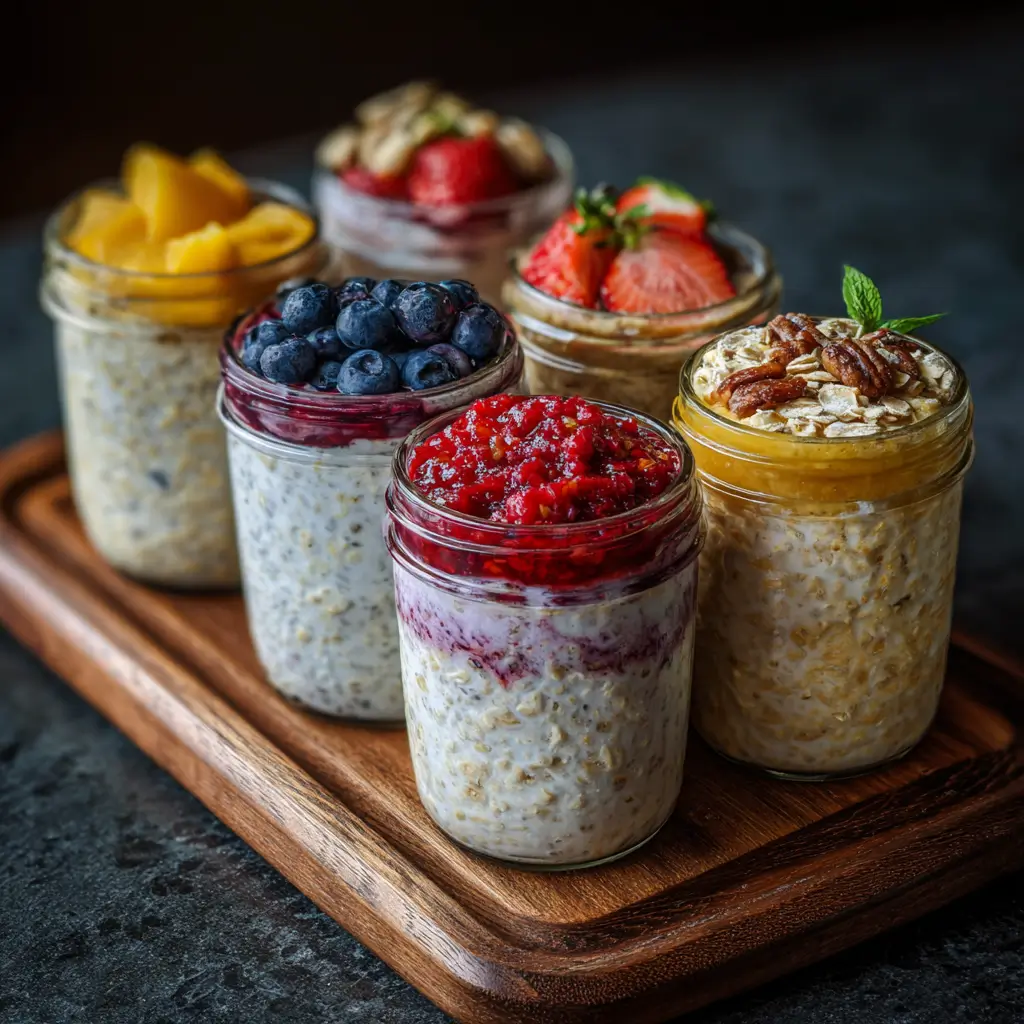 Soy free overnight oats jars with fruit toppings for meal prep