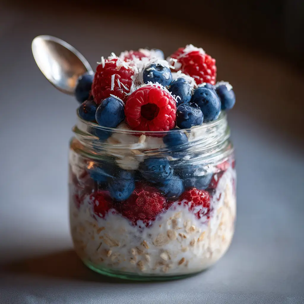Summer berry vegan oats with blueberries and raspberries