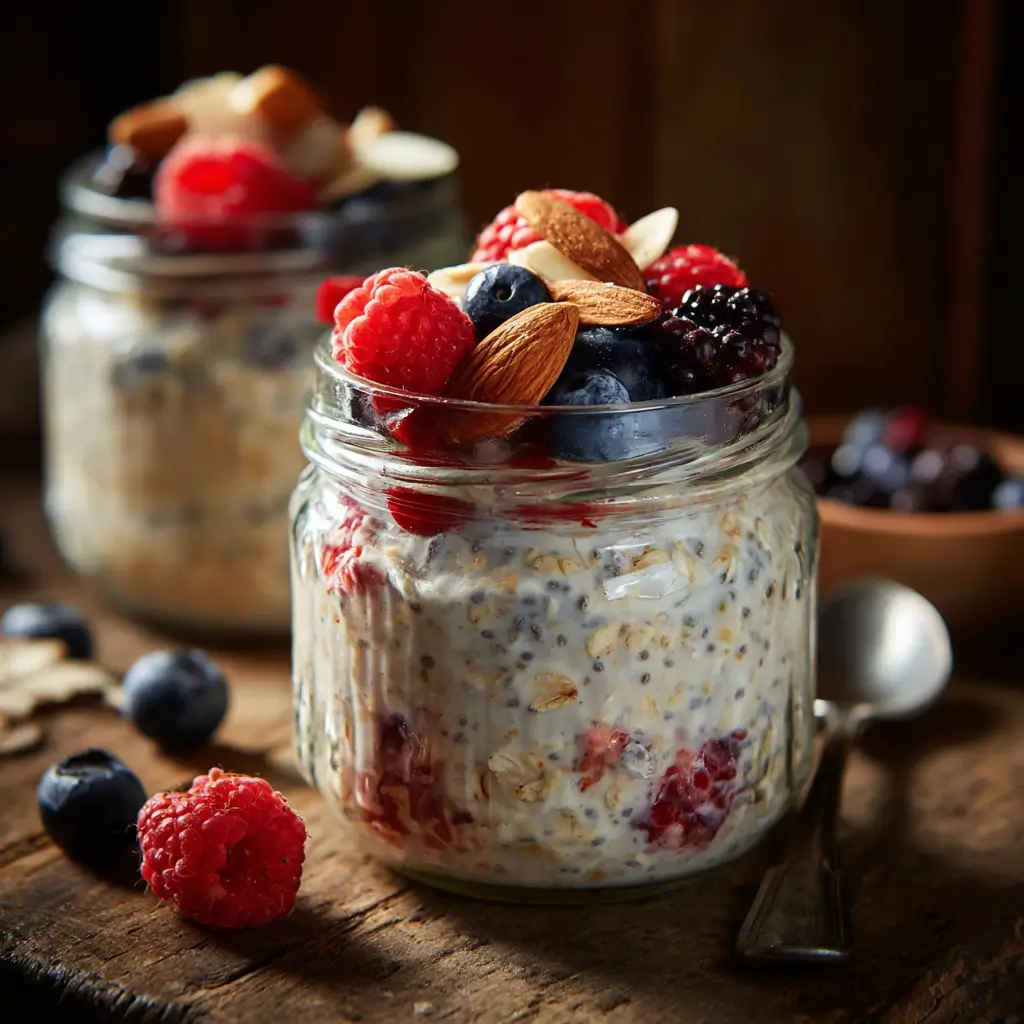 vegan overnight oats breakfast jar with berries and almonds