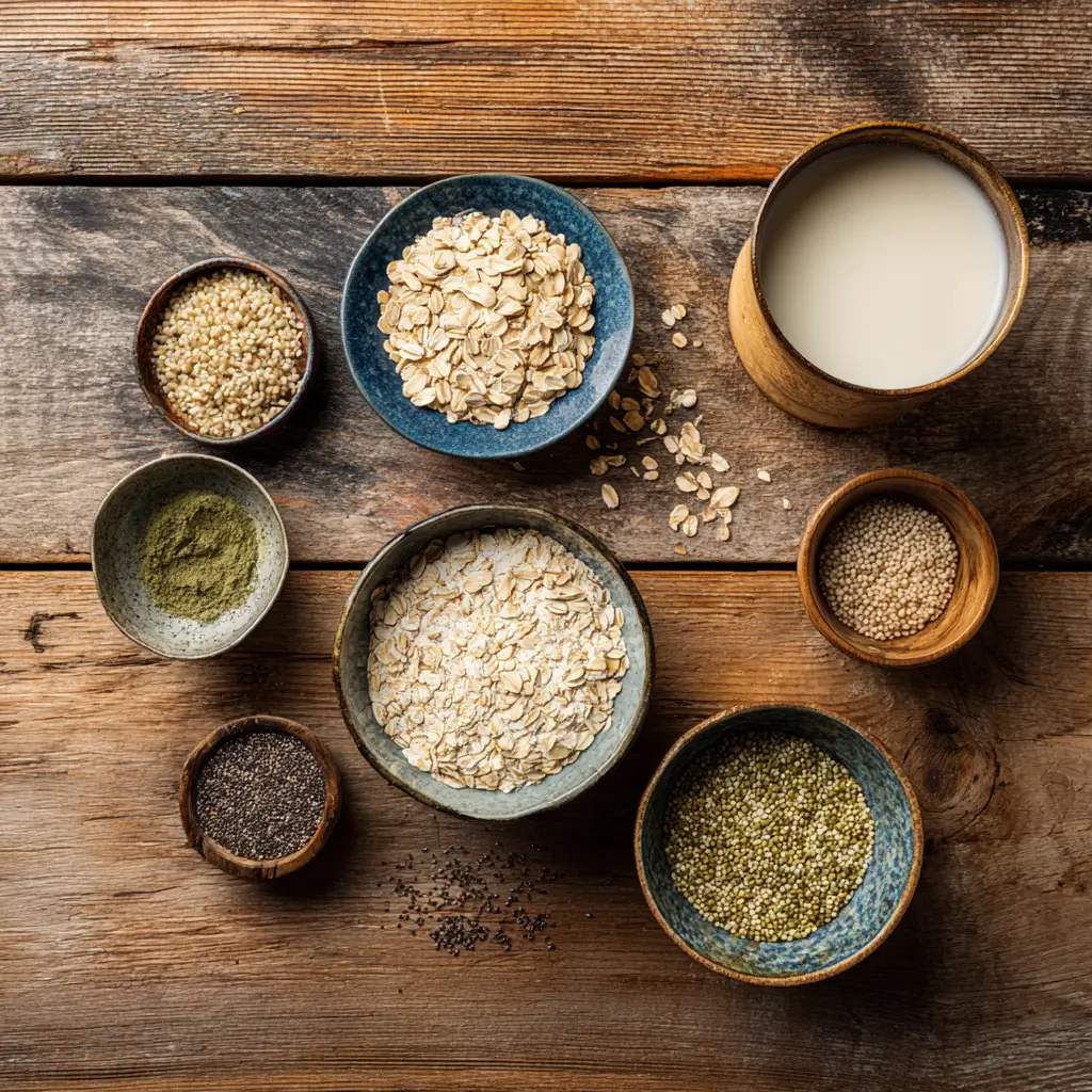 High protein vegan overnight oats ingredients flat lay