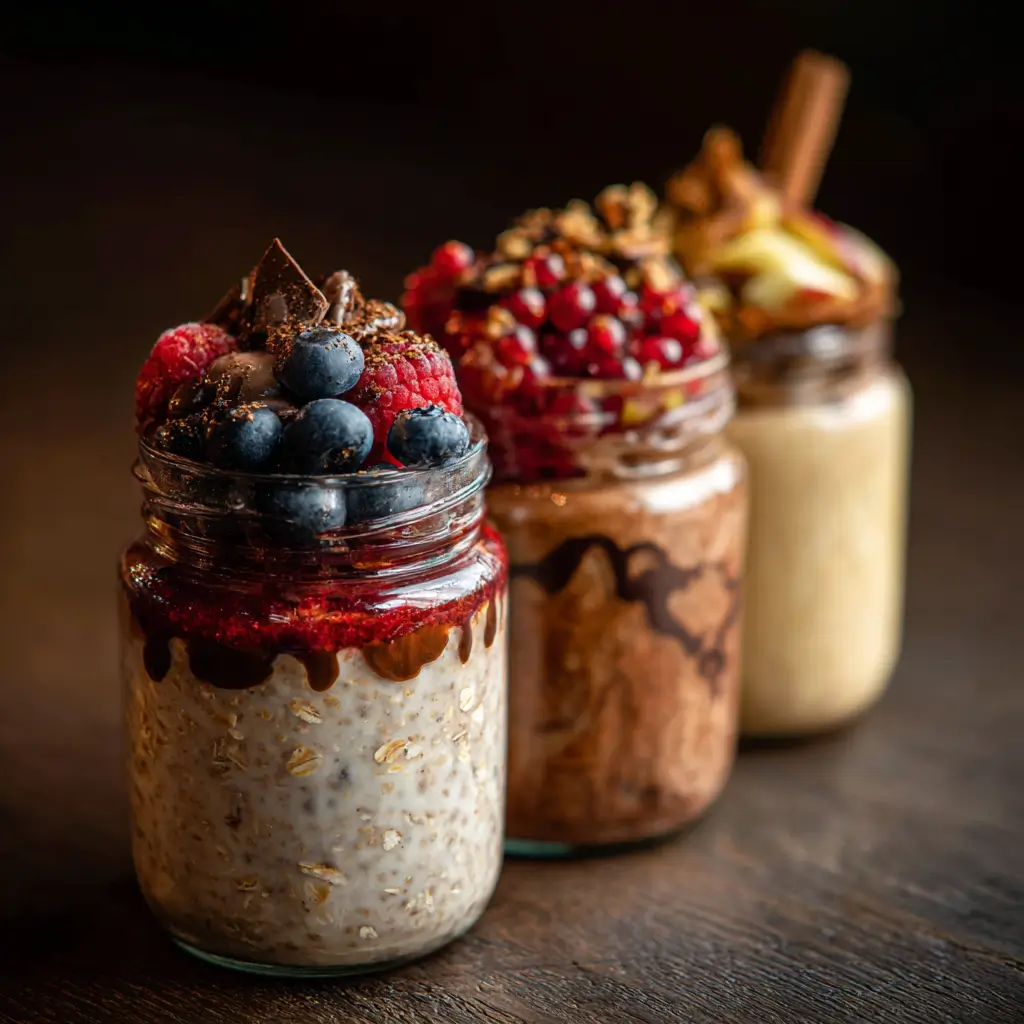 Variations of high protein vegan overnight oats with toppings