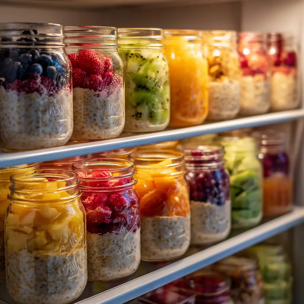 weekly WW overnight oats prep jars stored in fridge