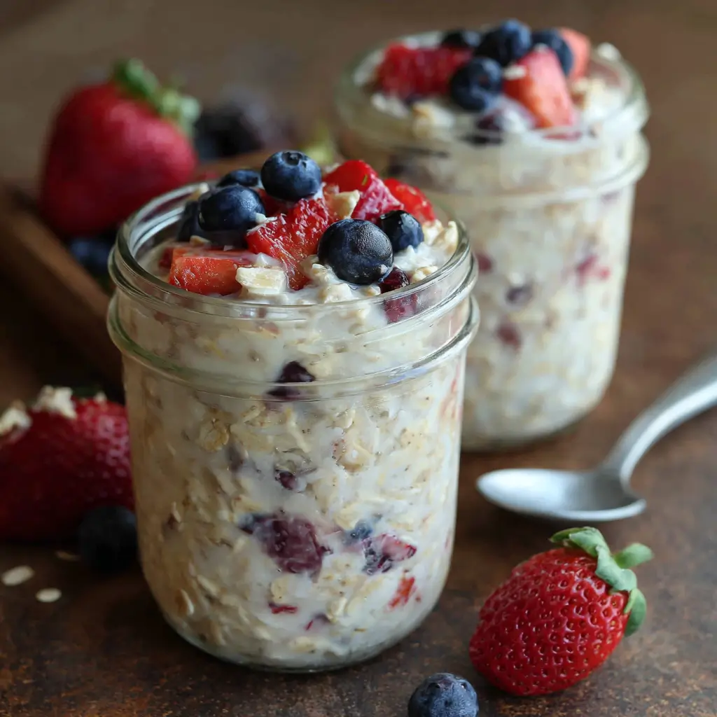 Weight Watchers overnight oats with fresh berries in a mason jar