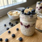 WW overnight oats guide in a mason jar with fruit toppings