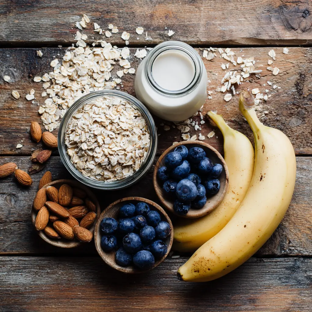 ingredients for meal prep WW overnight oats with fruits and almond milk