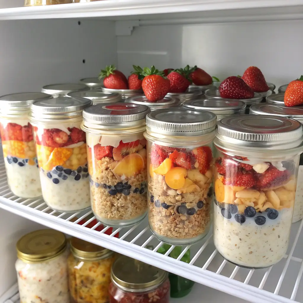 Meal prep WW overnight oats jars in the fridge