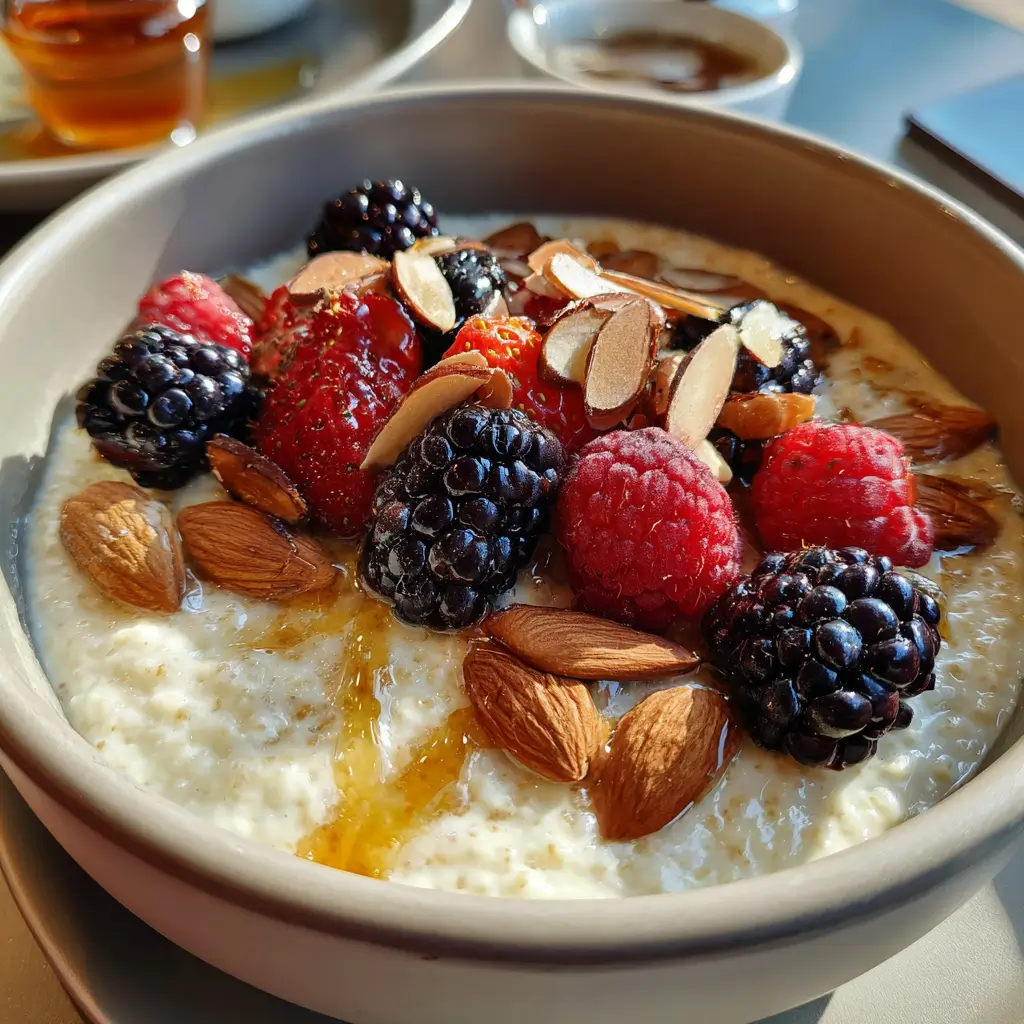 Almond cream of rice bowl topped with sliced almonds and honey