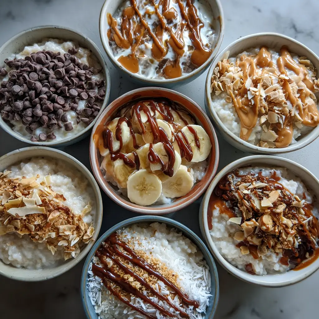 assorted sweet cream of rice dessert bowls with toppings
