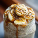 Banana gluten free overnight oats in a glass jar with banana slices.