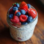 Berry gluten-free overnight oats with mixed fresh berries in a glass jar