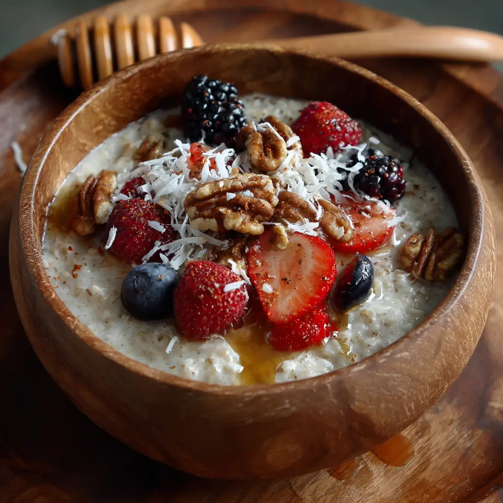 Cinnamon cream of rice with berries, walnuts, and syrup