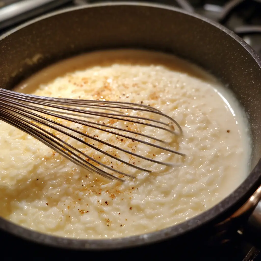cooking sweet cream of rice dessert bowl on stovetop