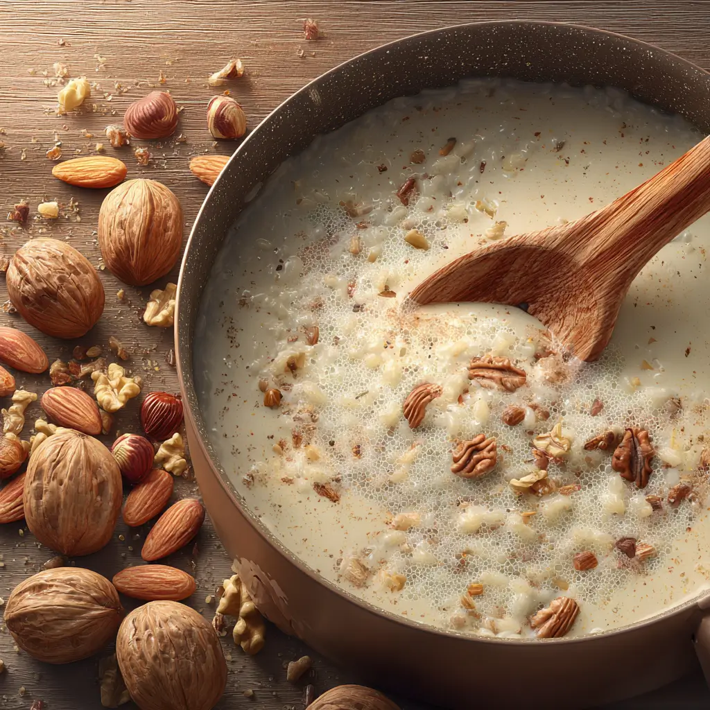 Cooking sweet cream of rice with nuts in saucepan with almonds and walnuts