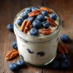 gluten free vegan overnight oats topped with blueberries and pecans