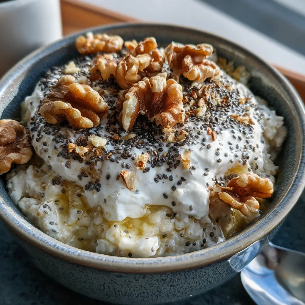 High-protein cream of rice breakfast with chia seeds and walnuts