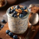 High protein gluten free overnight oats breakfast jar with fruit and nuts