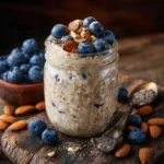 Low GI overnight oats with blueberries and almonds in mason jar