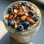 Nut and seed overnight oats in a glass jar for diabetics