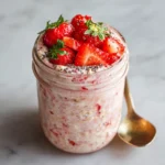 Strawberry protein overnight oats with fresh strawberries in a mason jar