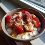 sweet cream of rice dessert bowl with strawberries and nut butter drizzle