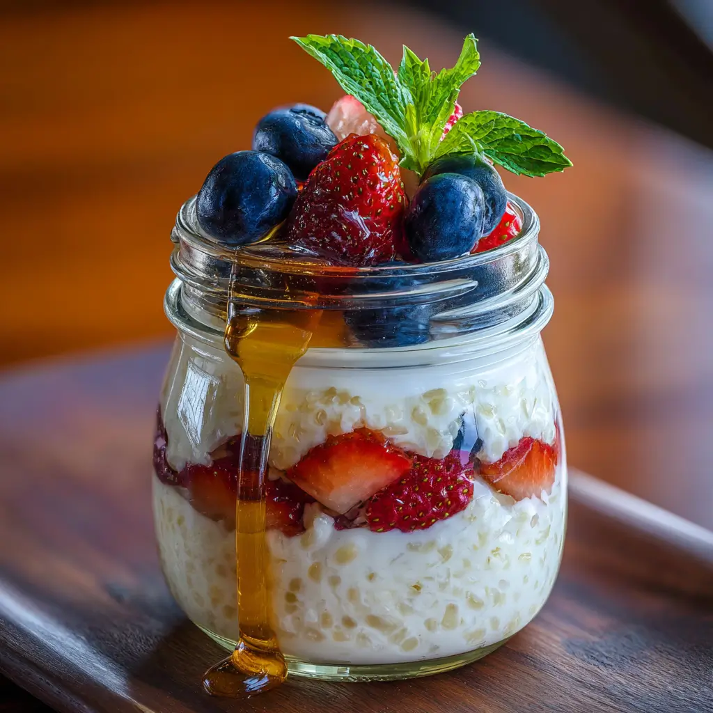 Sweet cream of rice parfait with fruit and honey