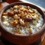 Sweet cream of rice with nuts breakfast bowl with almonds, walnuts, and chia