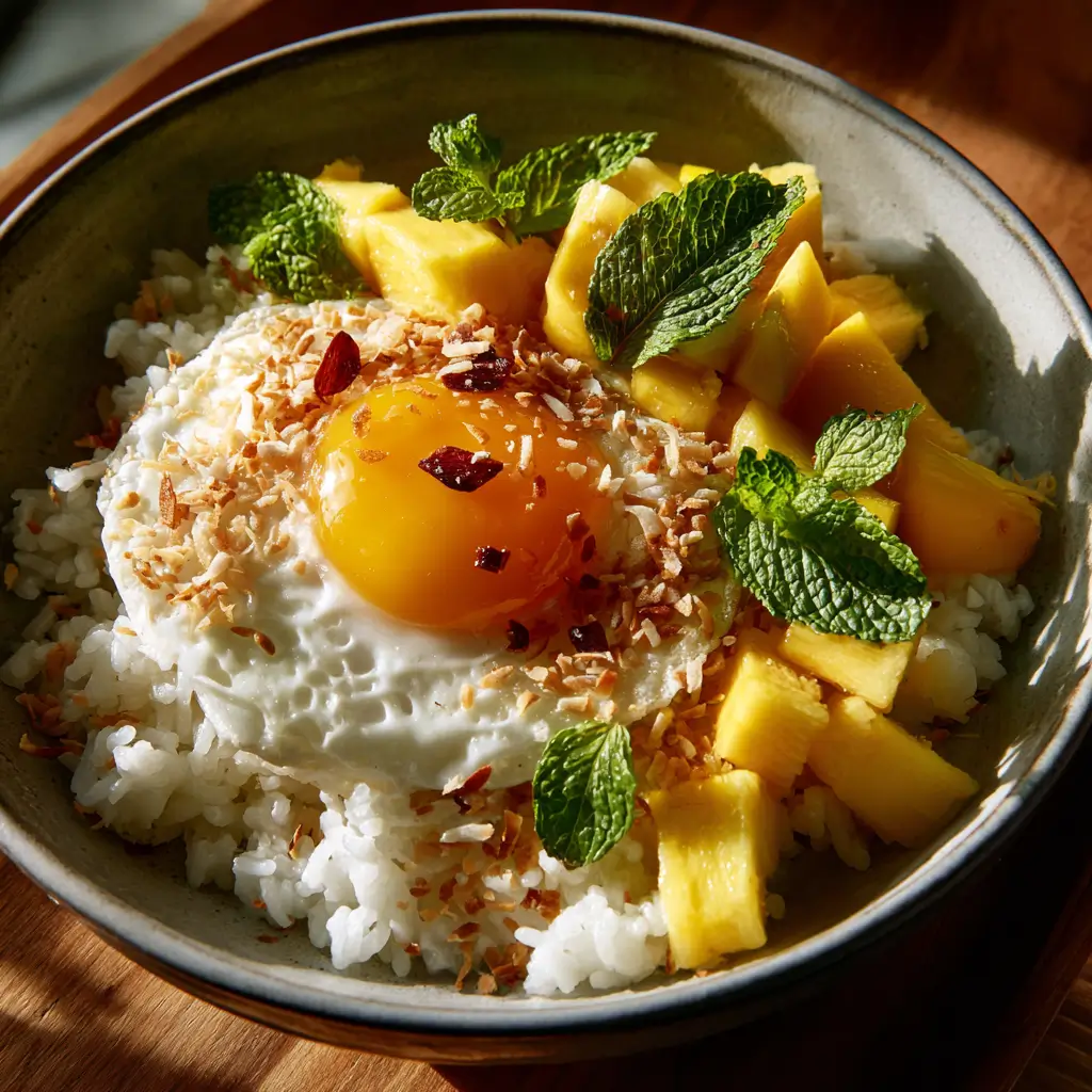 Tropical breakfast rice bowl with mango and pineapple