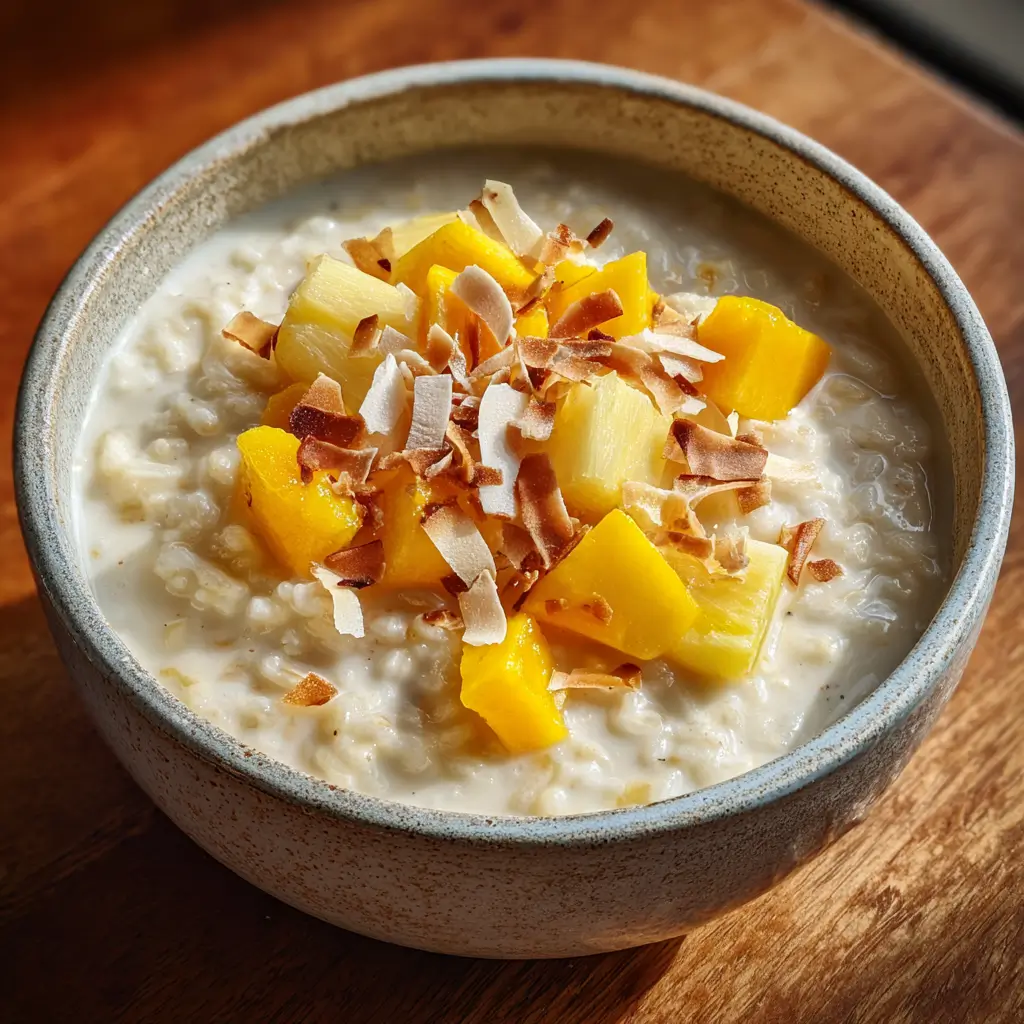 Tropical cream of rice recipe with mango and coconut