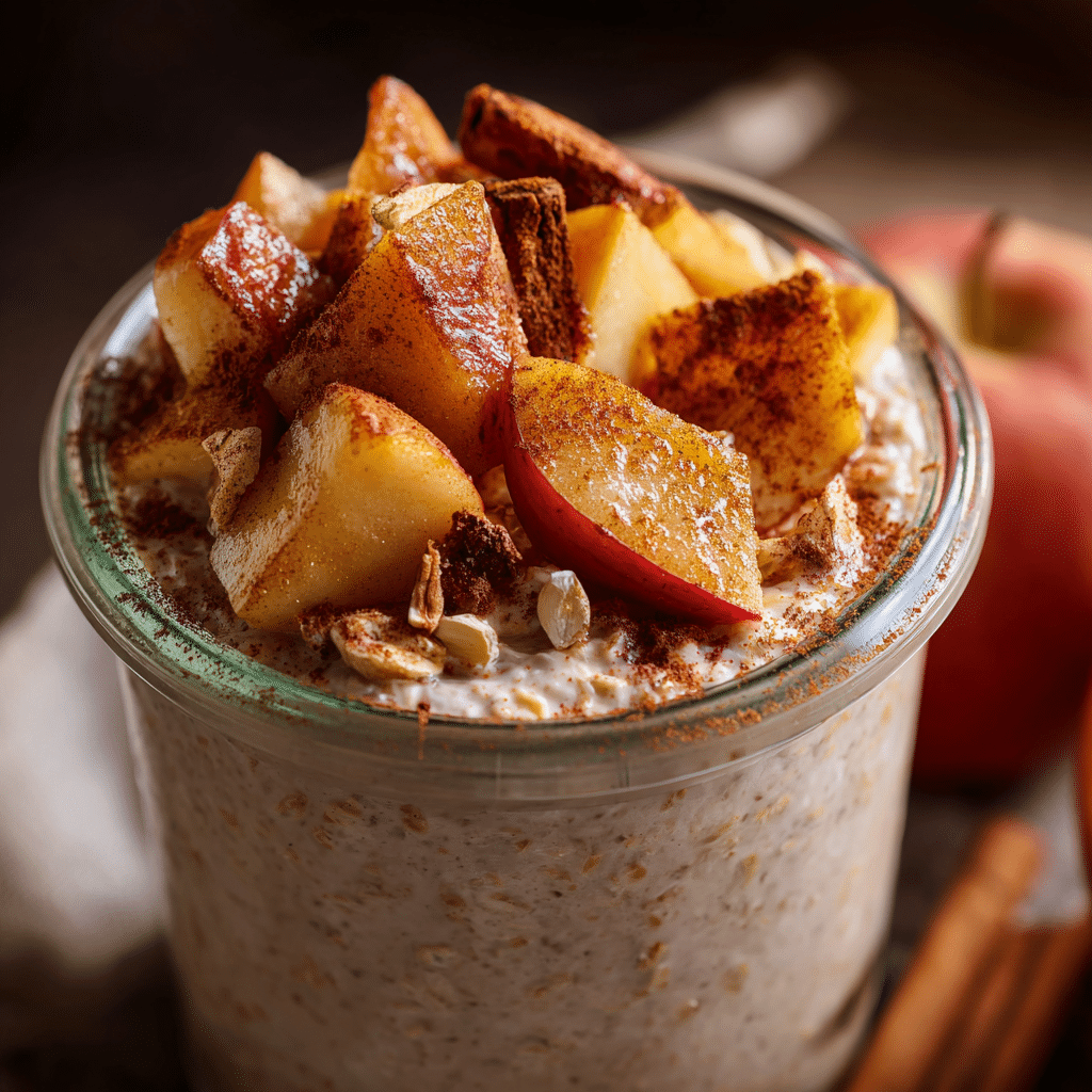 apple pie overnight oats in jar with cinnamon and apples