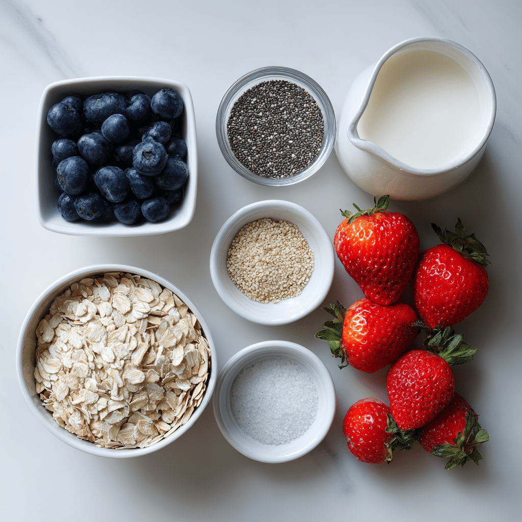 berry sugar free oats ingredients flat lay