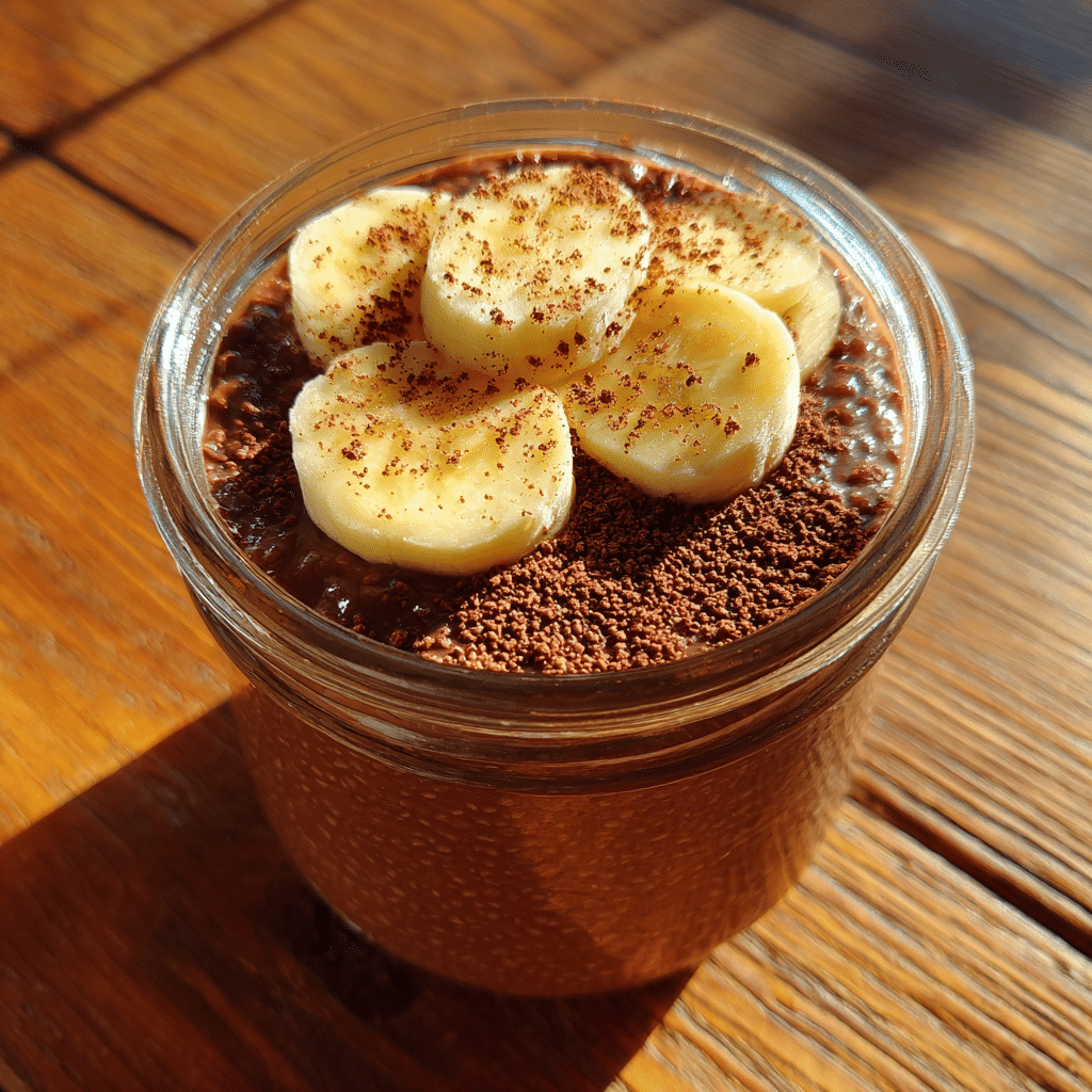 chocolate sugar free overnight oats in a glass jar topped with banana and cocoa powder