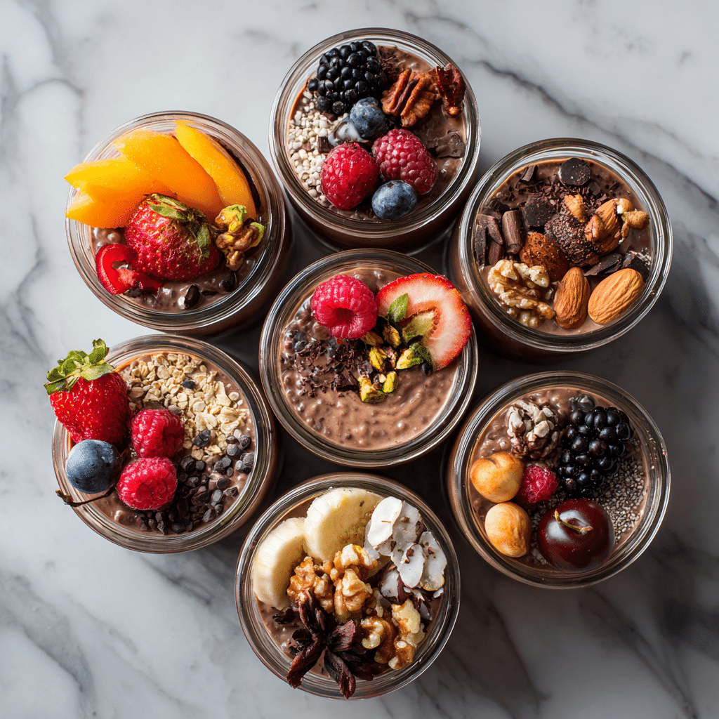 multiple jars of chocolate sugar free overnight oats with fruits and nuts