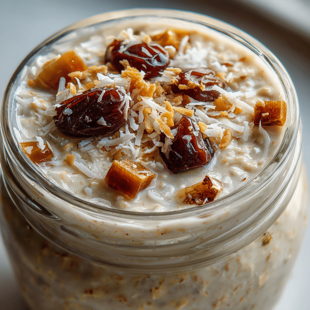 Coconut date overnight oats refined sugar-free breakfast jar