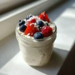 Coconut milk overnight oats in a jar with berries and coconut flakes
