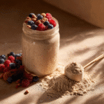 high protein meal replacement oats topped with berries and nuts