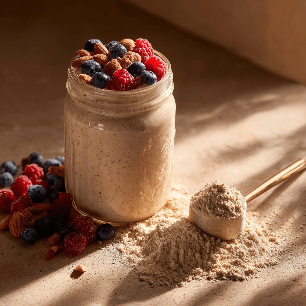 high protein meal replacement oats topped with berries and nuts