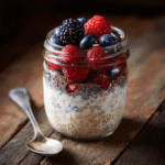 Meal prep dairy free overnight oats in a mason jar with fruit topping