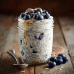 Monk fruit overnight oats with blueberries and chia seeds