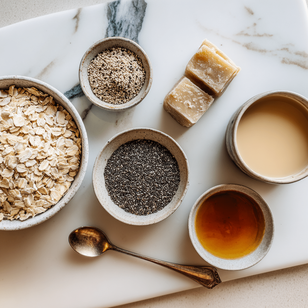 Ingredients for monk fruit overnight oats on marble surface