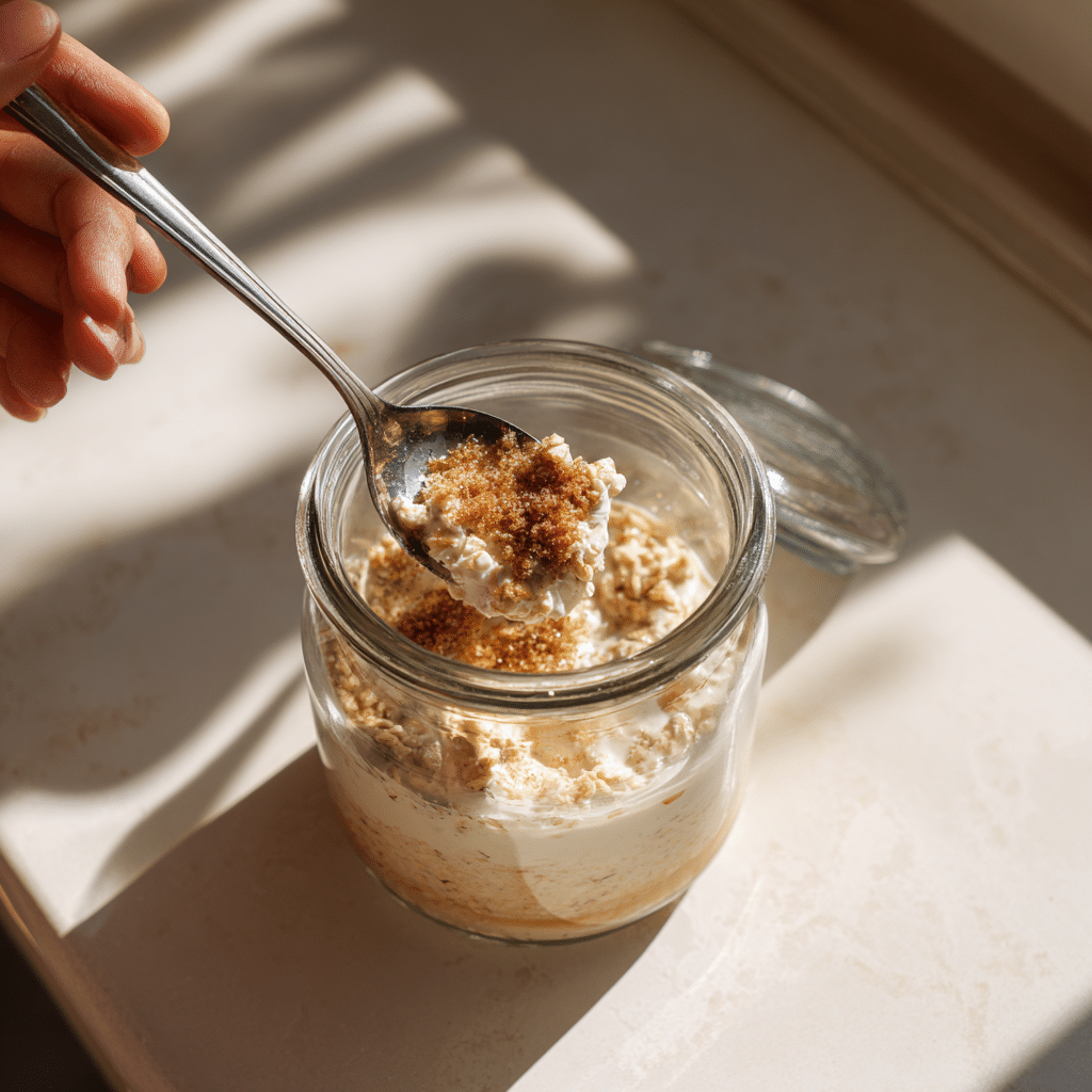 Preparing monk fruit overnight oats in a glass jar