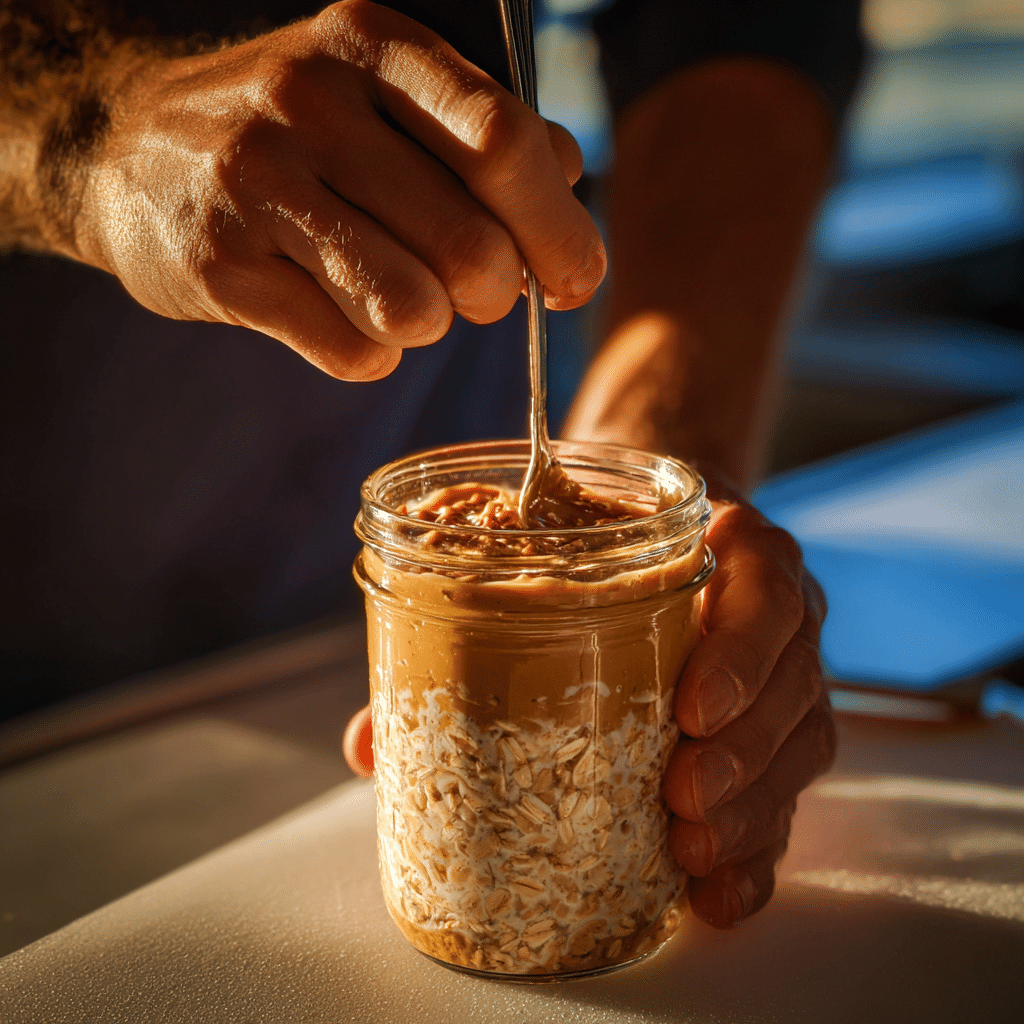 preparing peanut butter sugar free oats in jar