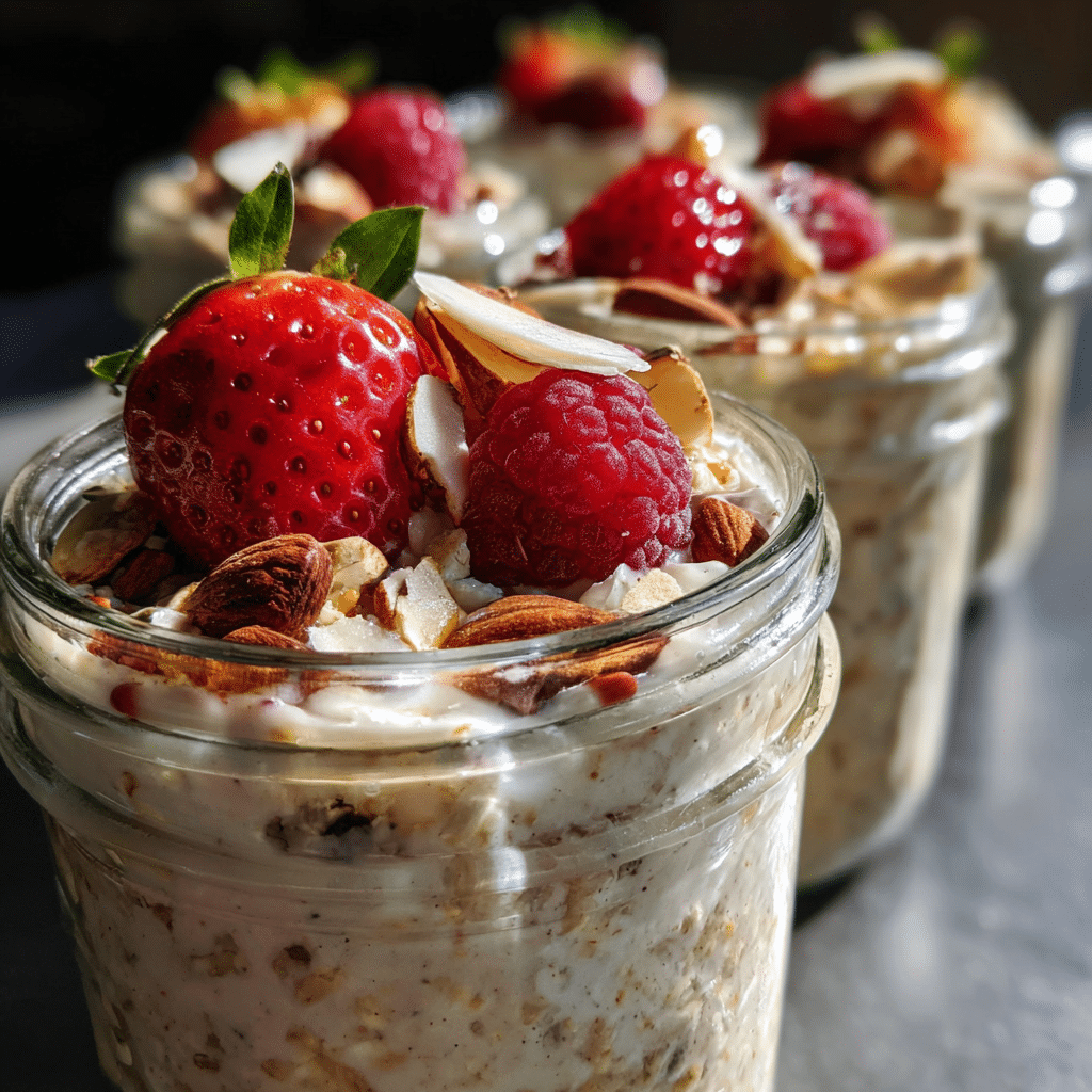 sugar free overnight oats meal prep jars with fruit and nuts