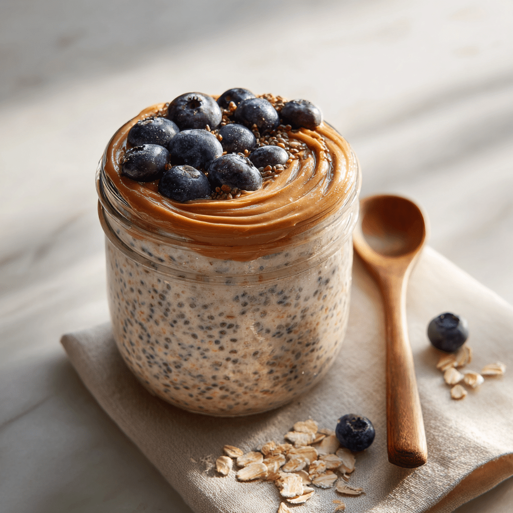 Vegan meal replacement oats with almond milk, chia, and blueberries