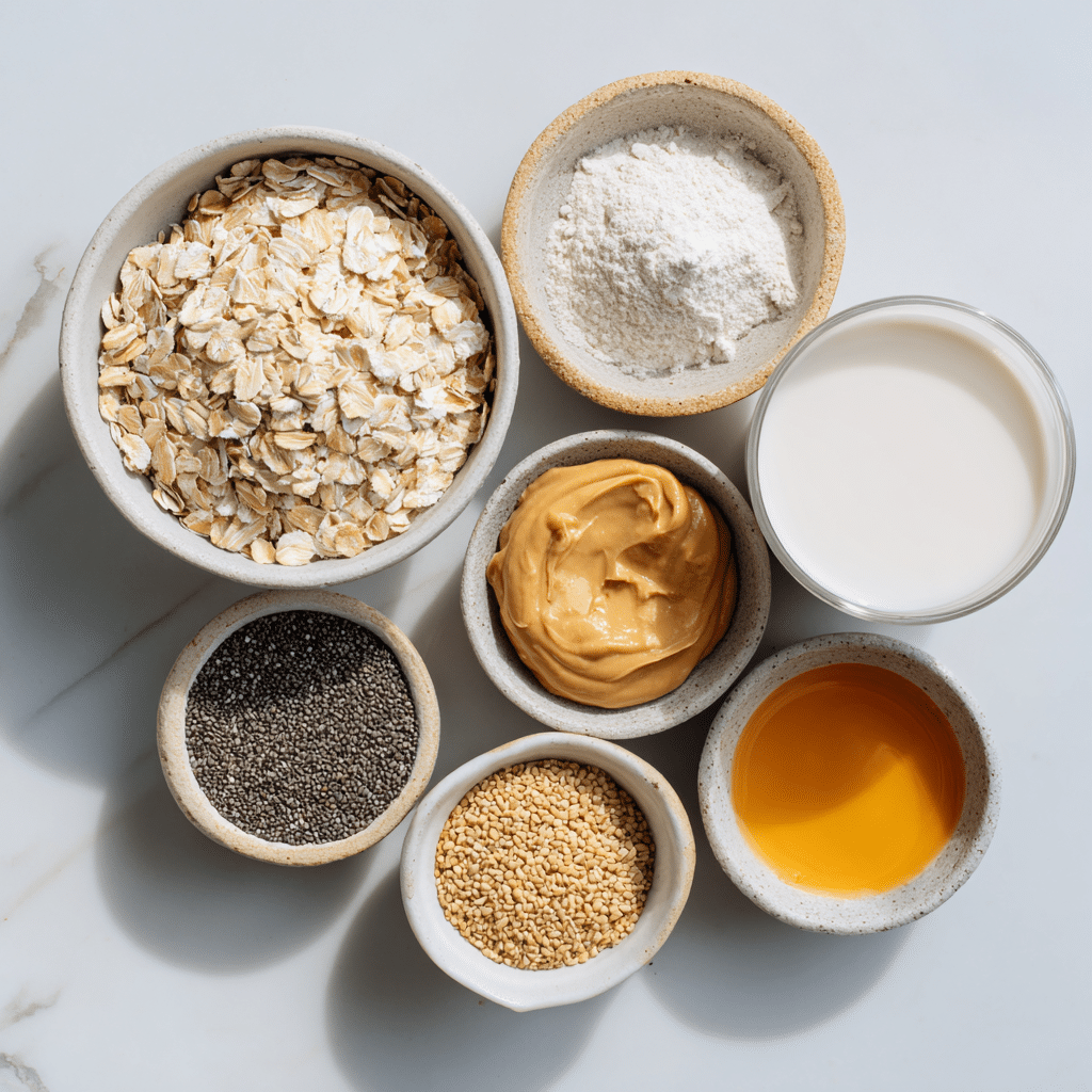 whey protein overnight oats ingredients flat lay