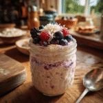 dairy nut free overnight oats in a jar with berries and coconut