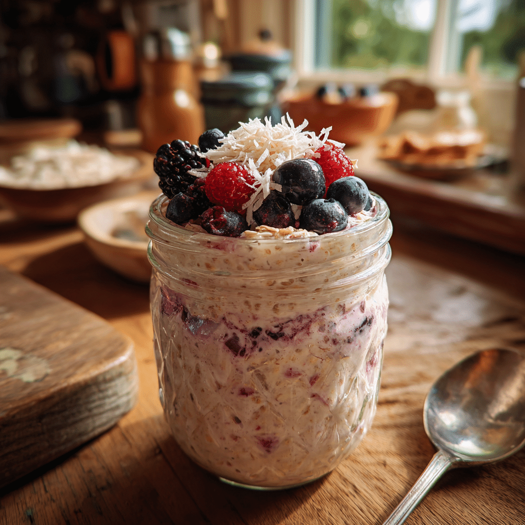 dairy nut free overnight oats in a jar with berries and coconut