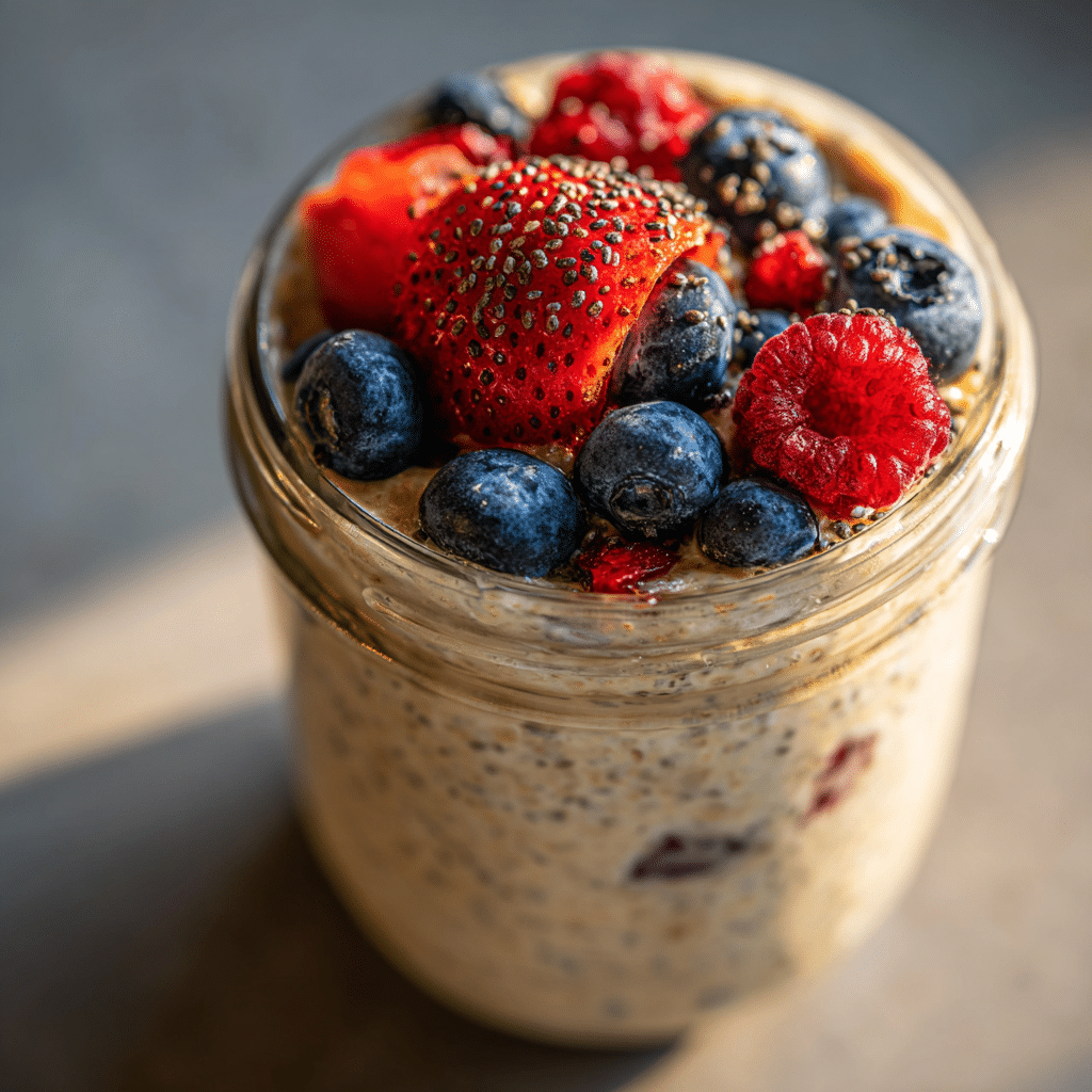 Gluten soy nut free overnight oats in a jar with berries