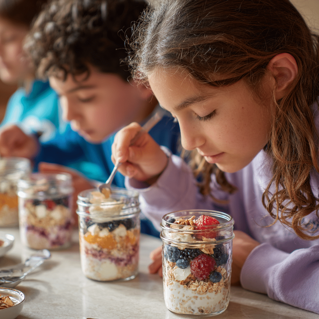 kids making allergen free oats breakfast
