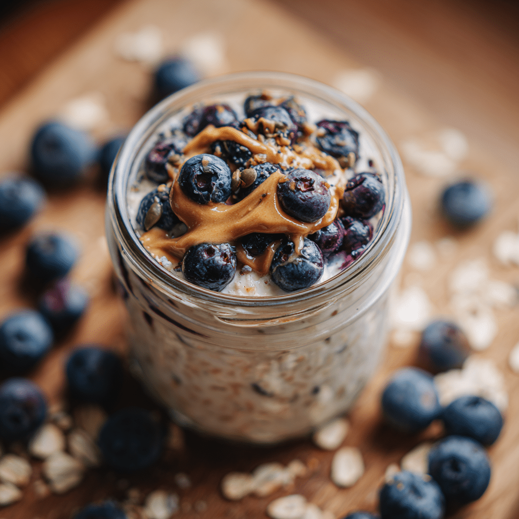 Nut free overnight oats topped with blueberries and sunflower seed butter